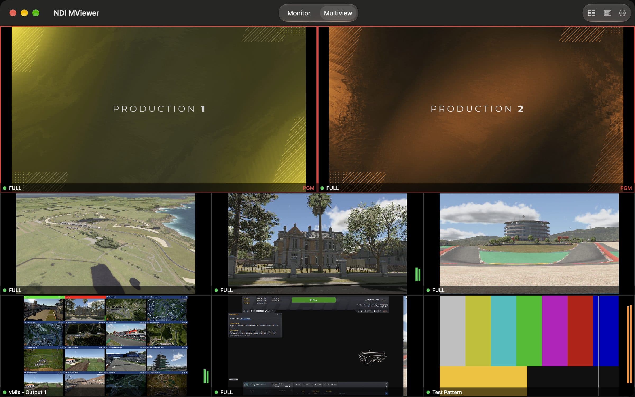 NDI MViewer auf dem Mac: Multiview im Layout 2 + 6 mit echten NDI-Quellen