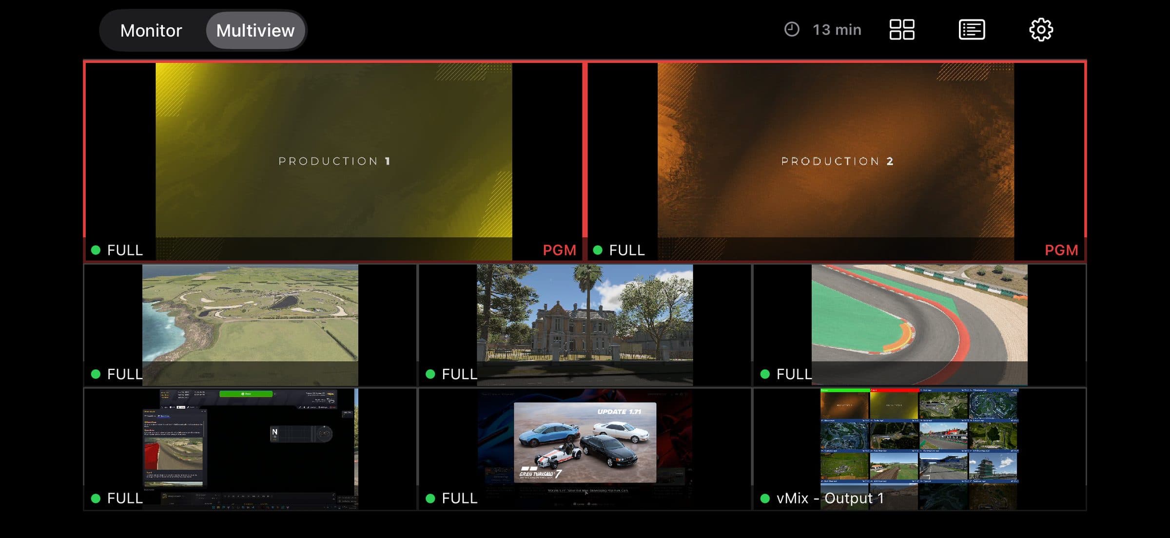 NDI MViewer auf dem iPhone quer: Multiview 2 + 6 mit echten NDI-Quellen aus dem Racespot-Netz