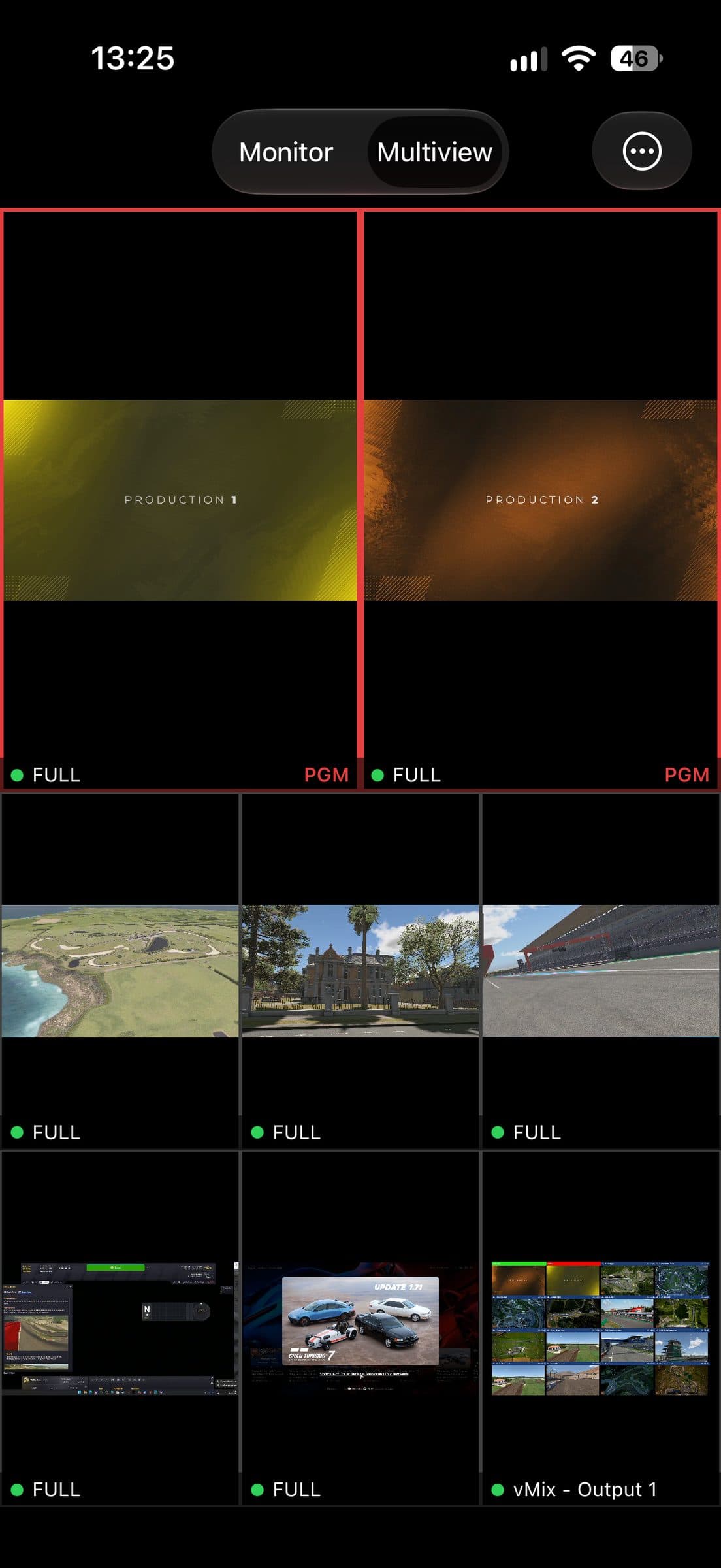 NDI MViewer on iPhone in portrait: multiview 2 + 6 with the program tiles on top