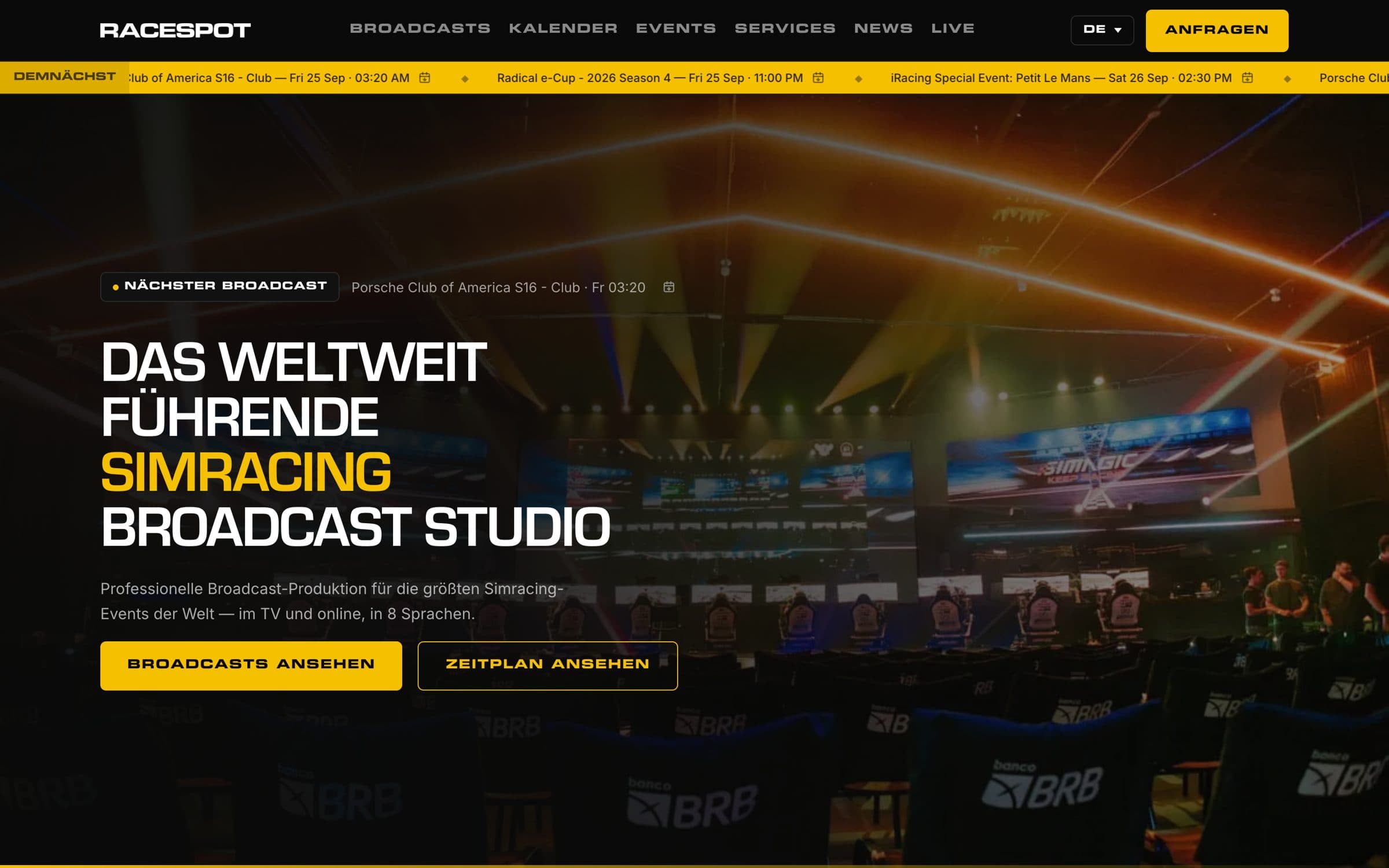 racespot.tv – Startseite mit Hinweis auf die nächste Übertragung