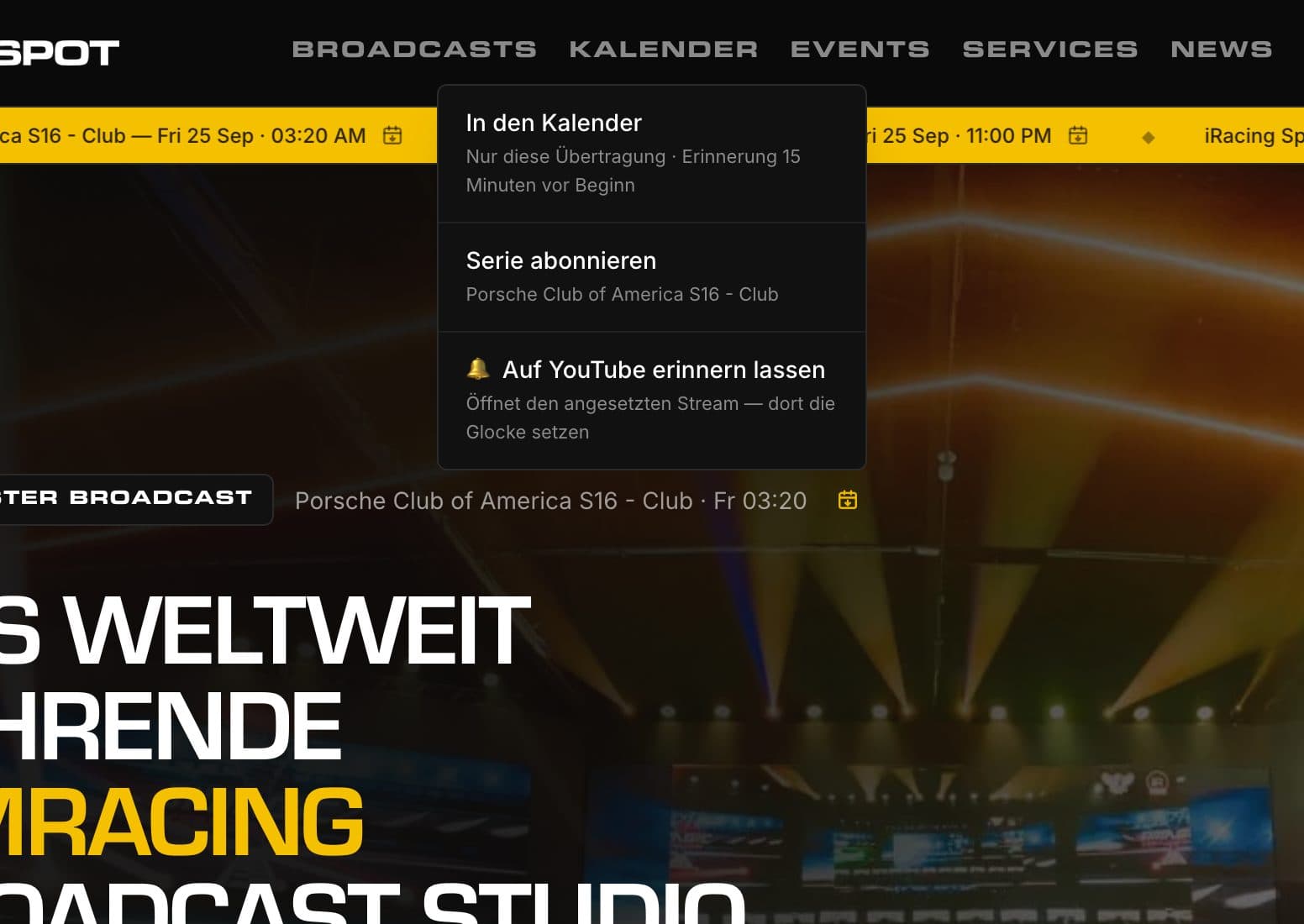 racespot.tv – Speichern-Menü: in den Kalender, Serie abonnieren oder auf YouTube erinnern lassen