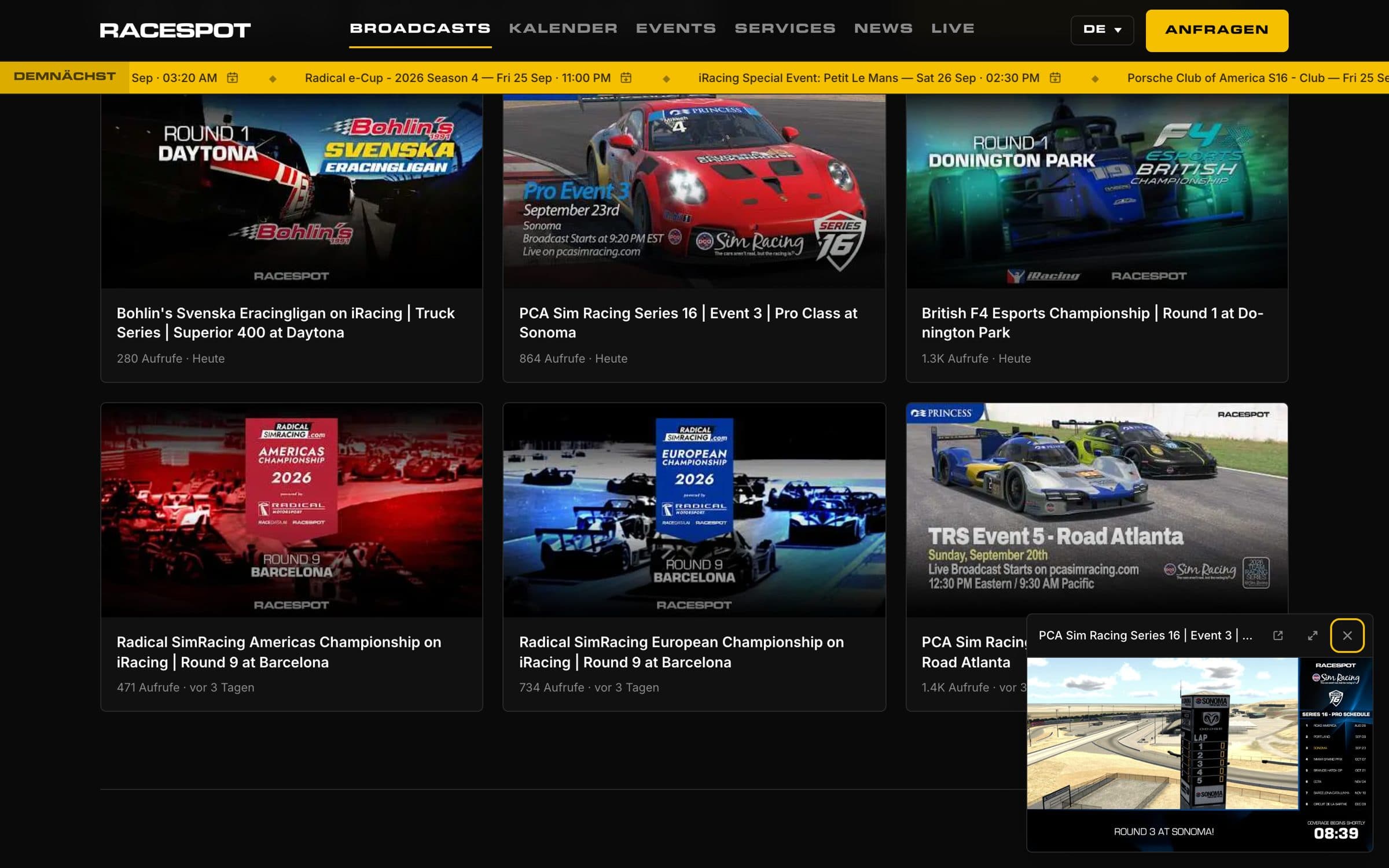 racespot.tv – verkleinerter Mini-Player unten rechts, während die Seite weiter bedienbar ist